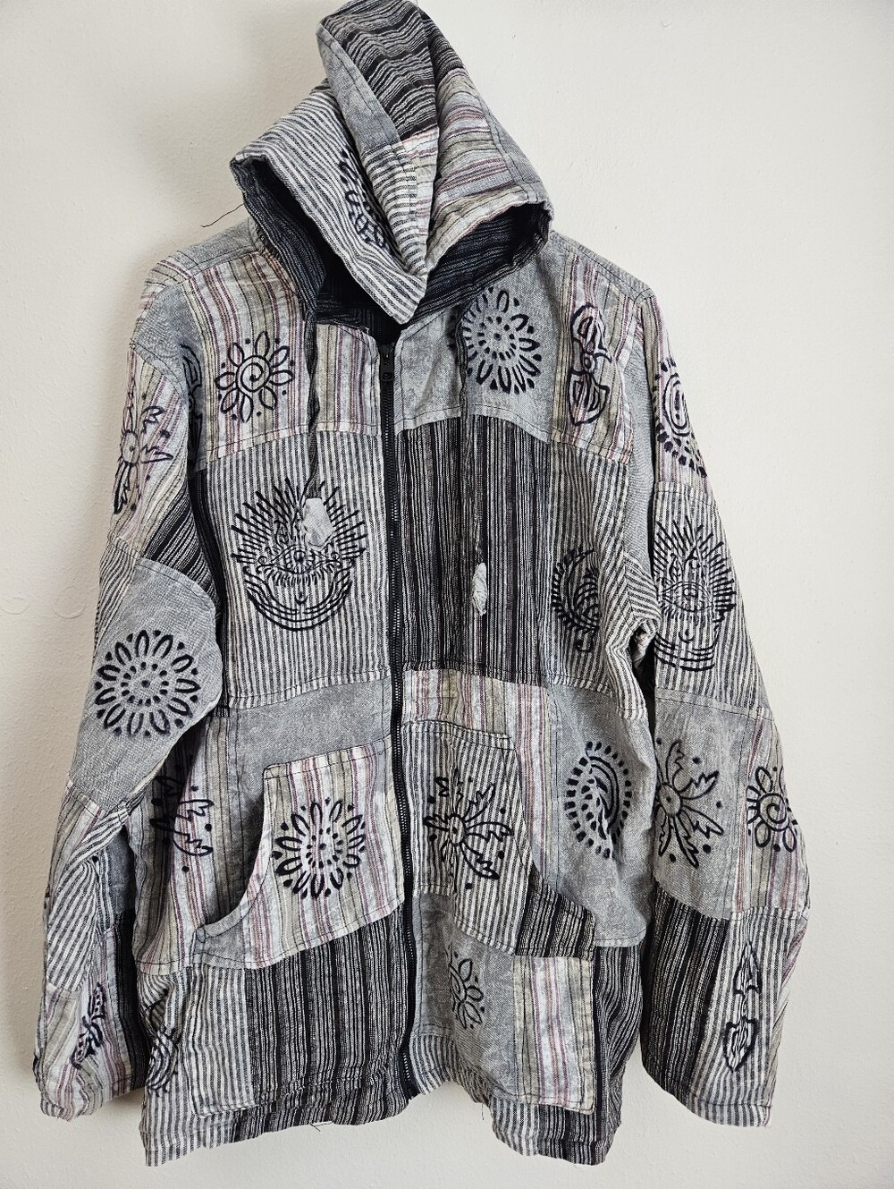Unisex Boho Gheri Patchwork Zip Up Hoodie Jacket Gray Black Size XL